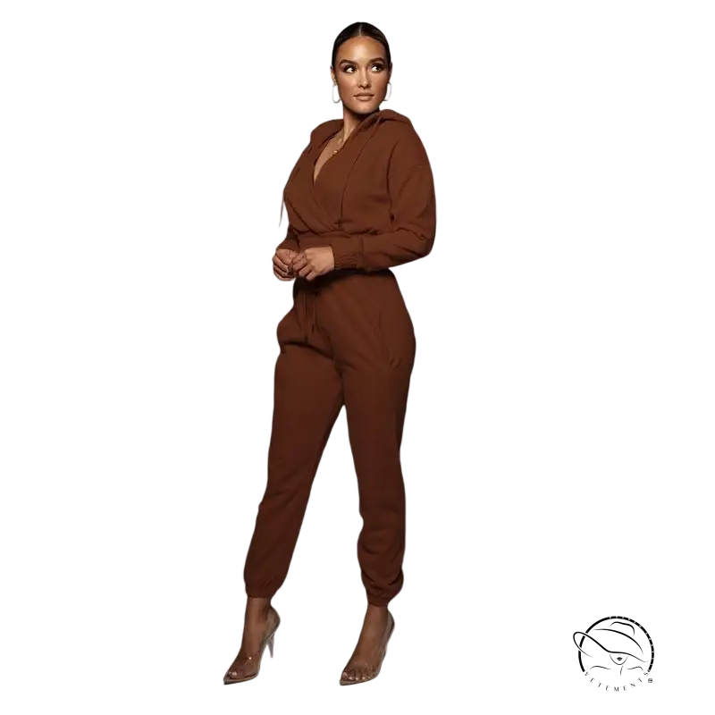 Casual hooded open V sweater with ankle tied trousers in brown