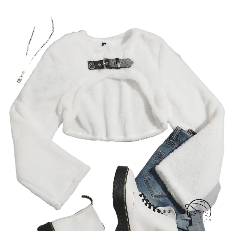 White fuzzy lambswool short shirt for autumn winter women with black belt buckle