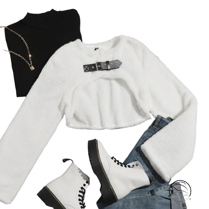 White fuzzy lambswool short shirt with black belt buckle for autumn winter women