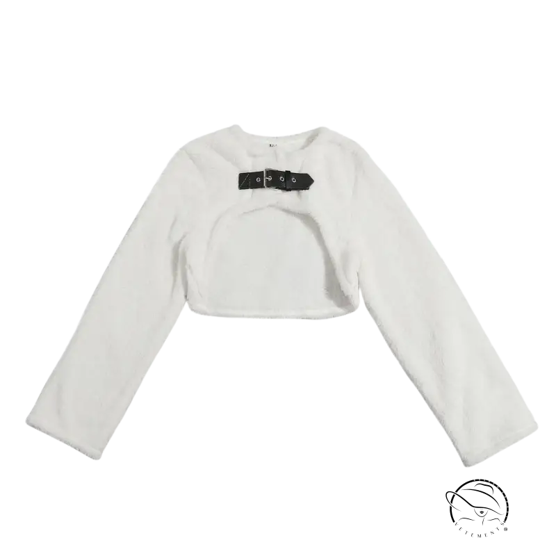 White fuzzy lambswool short shirt with black buckle for autumn winter women