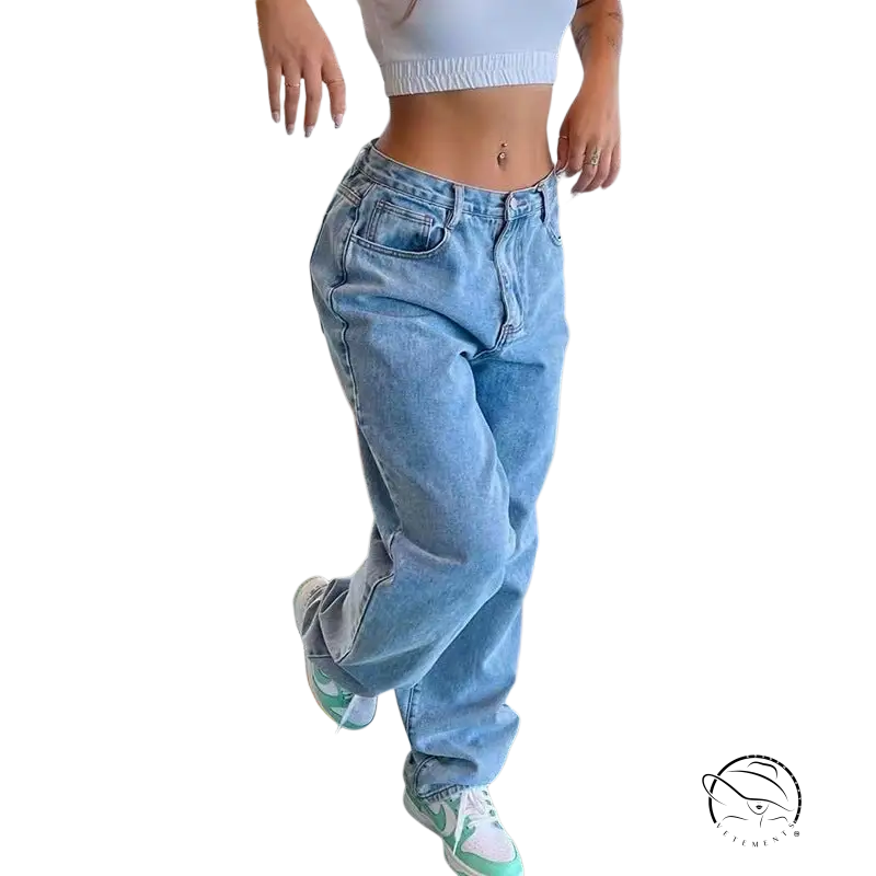 Casual wide leg light blue jeans with pockets and zipper