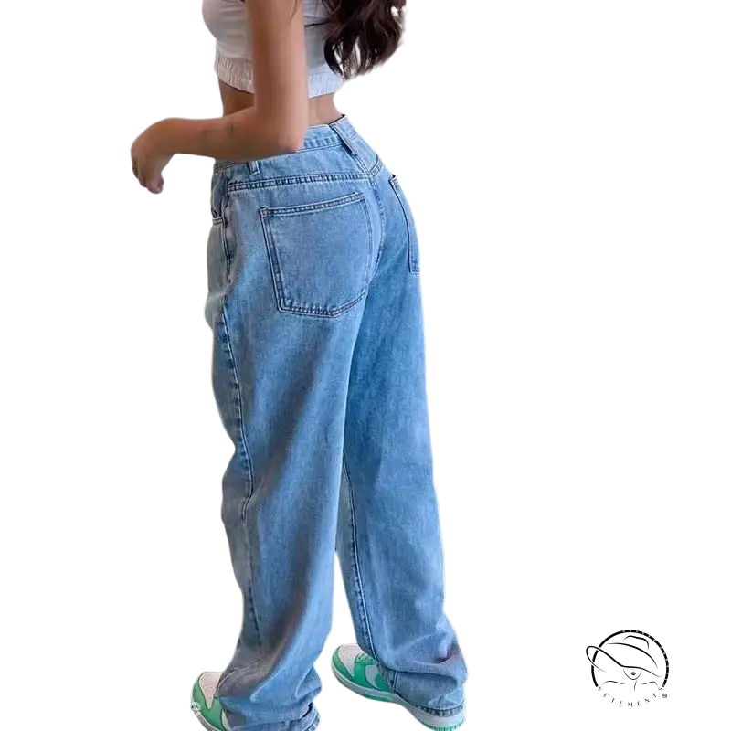 Casual wide leg light blue jeans with visible pockets and zipper