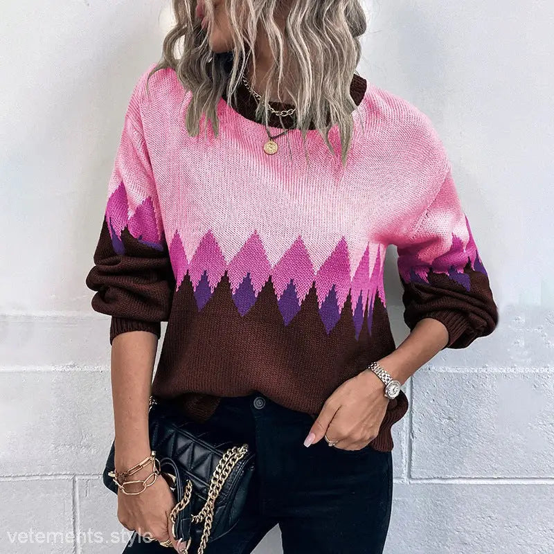 Casual Long Sleeve Christmas Lattice Sweater in pink and brown geometric patchwork design