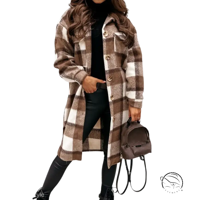 Casual loose check long woolen coat in brown and white plaid over black outfit for fall and winter