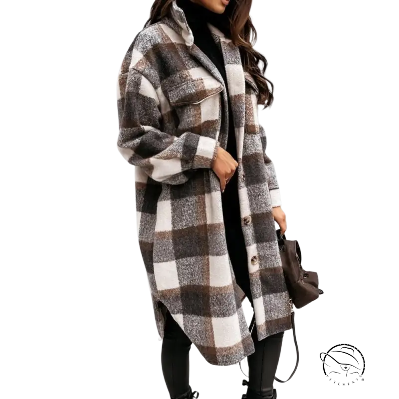 Casual loose long woolen coat with black white checkered plaid pattern for winter