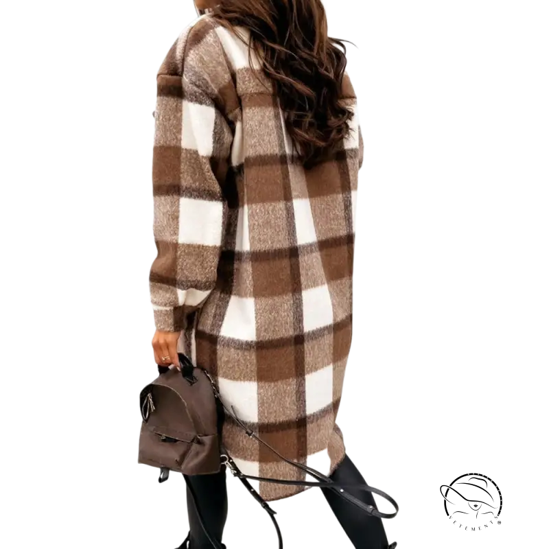 Casual loose check long woolen coat in brown and white plaid