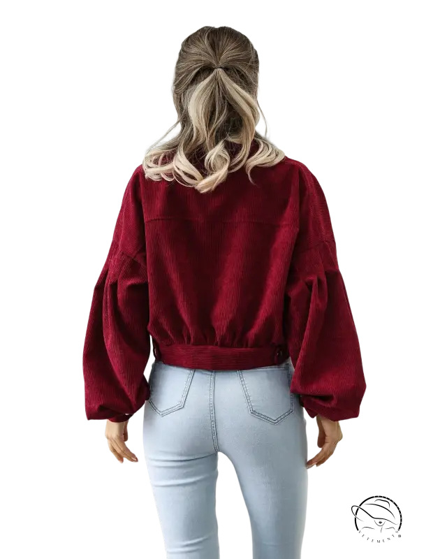 Burgundy corduroy daily short jacket with balloon sleeves