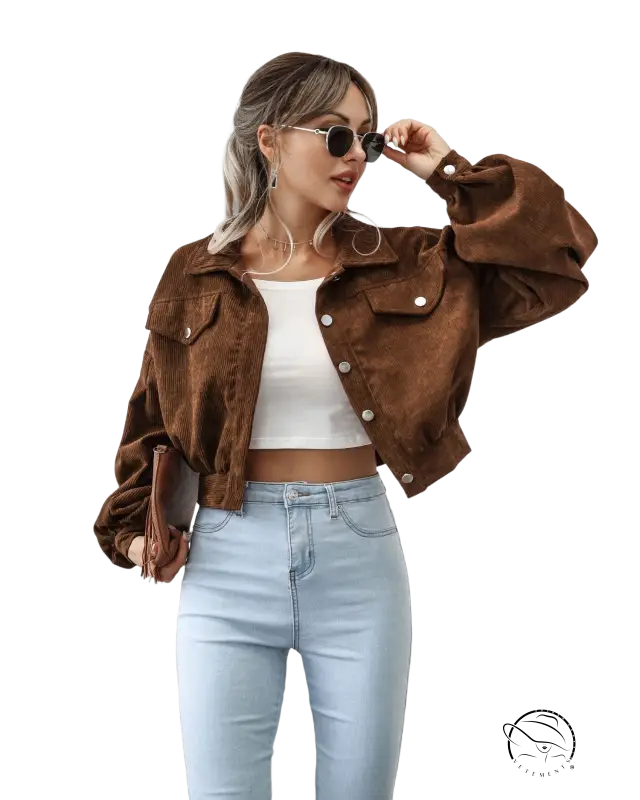 Woman in brown corduroy daily short jacket for spring and fall