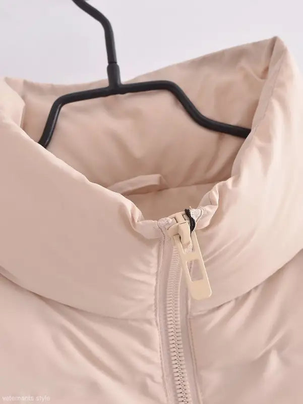 Beige puffer jacket with zipper, perfect for autumn winter short cotton fashion