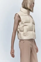 Beige puffer vest in a Casual Loose Cotton Short Jacket for autumn winter wear