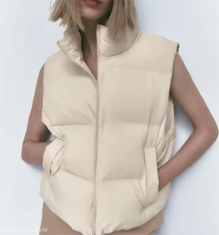 Cream-colored puffer vest from Casual Loose Cotton Short Jacket for autumn winter wear