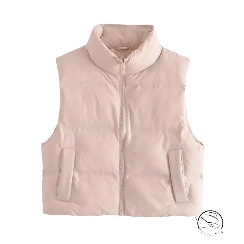 Padded light pink short cotton jacket with high collar for autumn winter