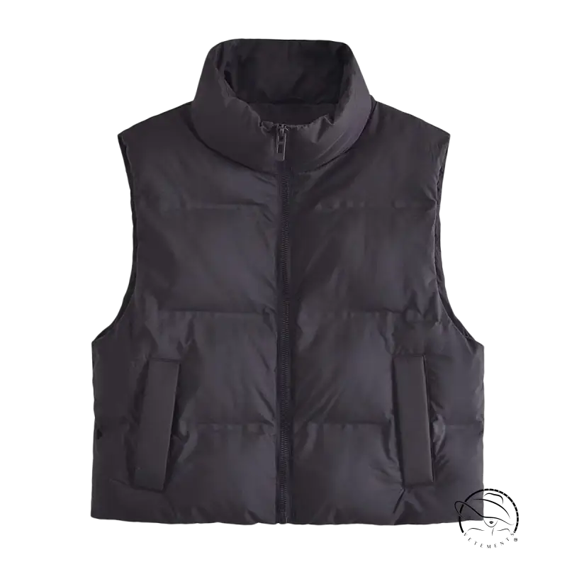 Sleeveless black puffer vest in casual loose short cotton jacket for autumn winter wear