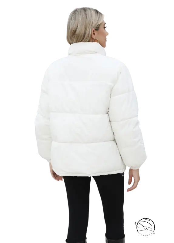 White cotton padded jacket with high collar and quilted design