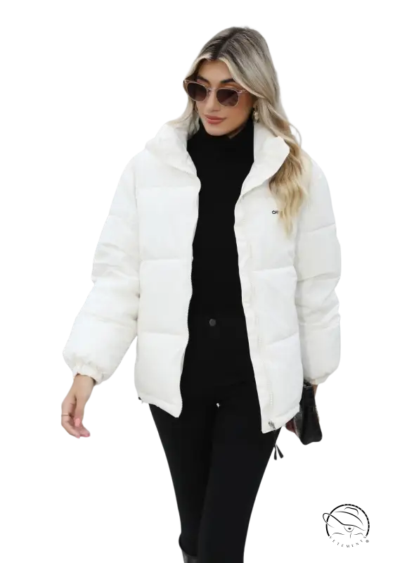 White cotton padded jacket with quilted puffer design and logo