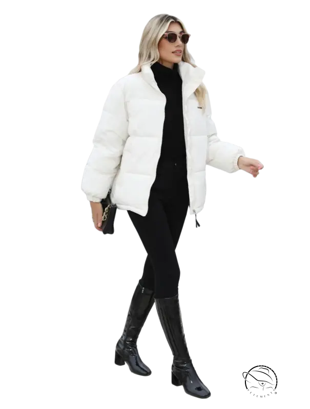 White cotton padded jacket with high collar and quilted design