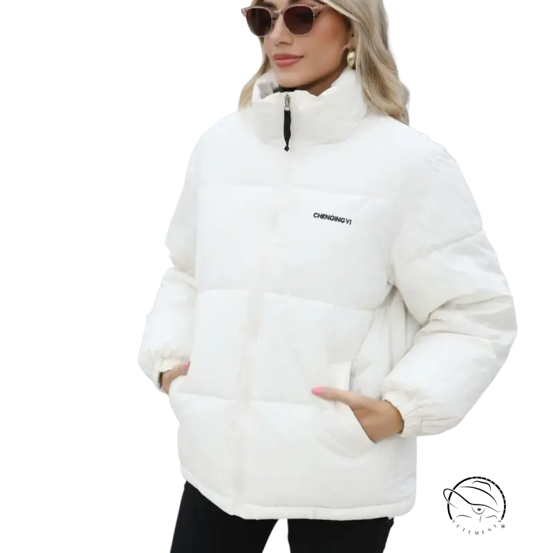 White cotton padded jacket with black zipper and logo