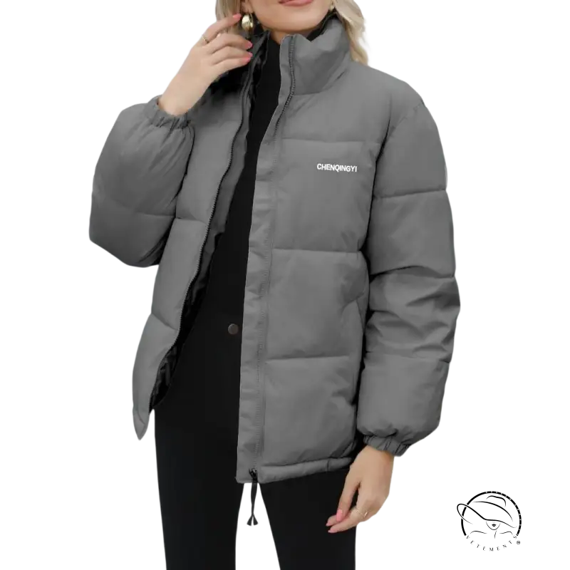 Gray chenqingyi cotton padded jacket with high collar and quilted design