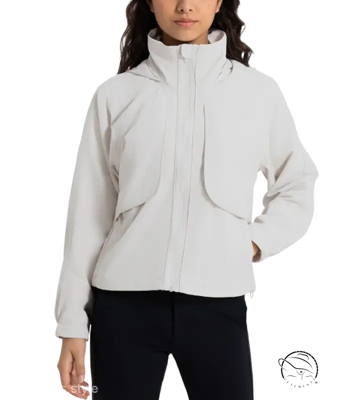 Light gray hooded jacket in pearlescent white albumin color