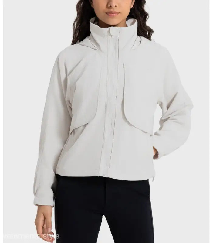 Light gray hooded jacket in Pearlescent White Albumin stylish nylon outerwear