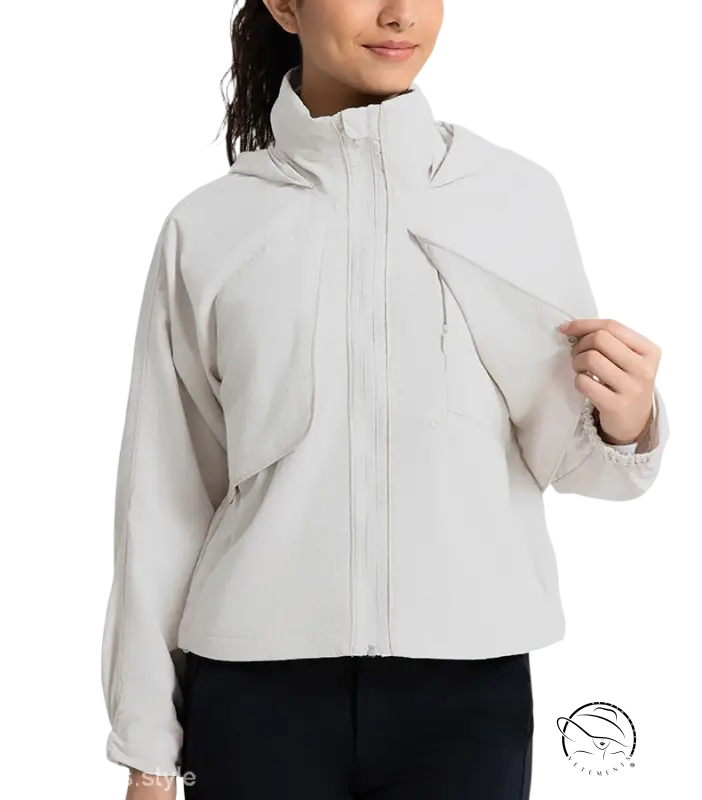 Light gray hooded jacket in pearlescent white albumin color