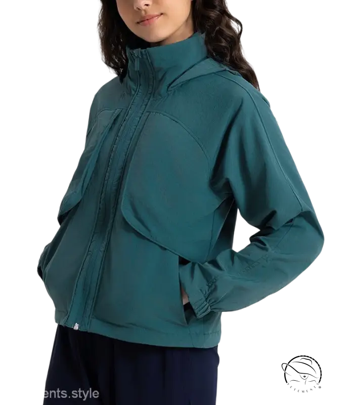 Pearlescent white albumin casual loose nylon hooded jacket in green turquoise