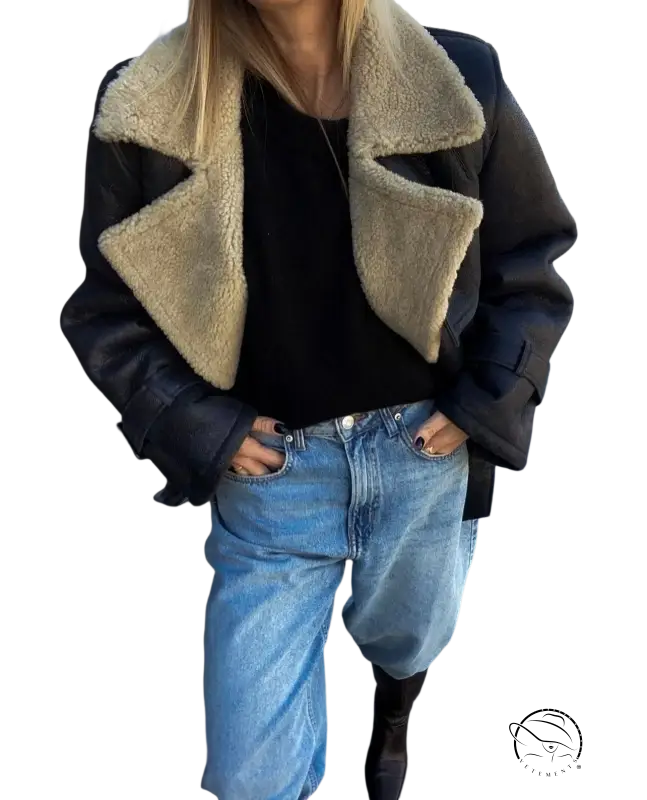 Black faux shearling jacket with beige collar for winter casual wear