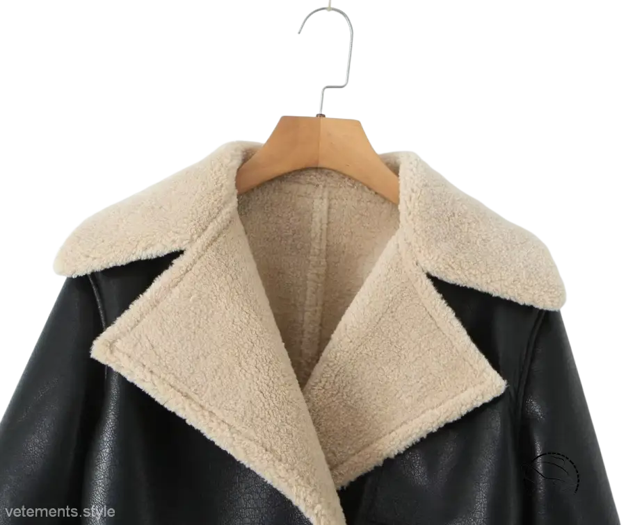 Black faux leather casual modern jacket with faux shearling collar