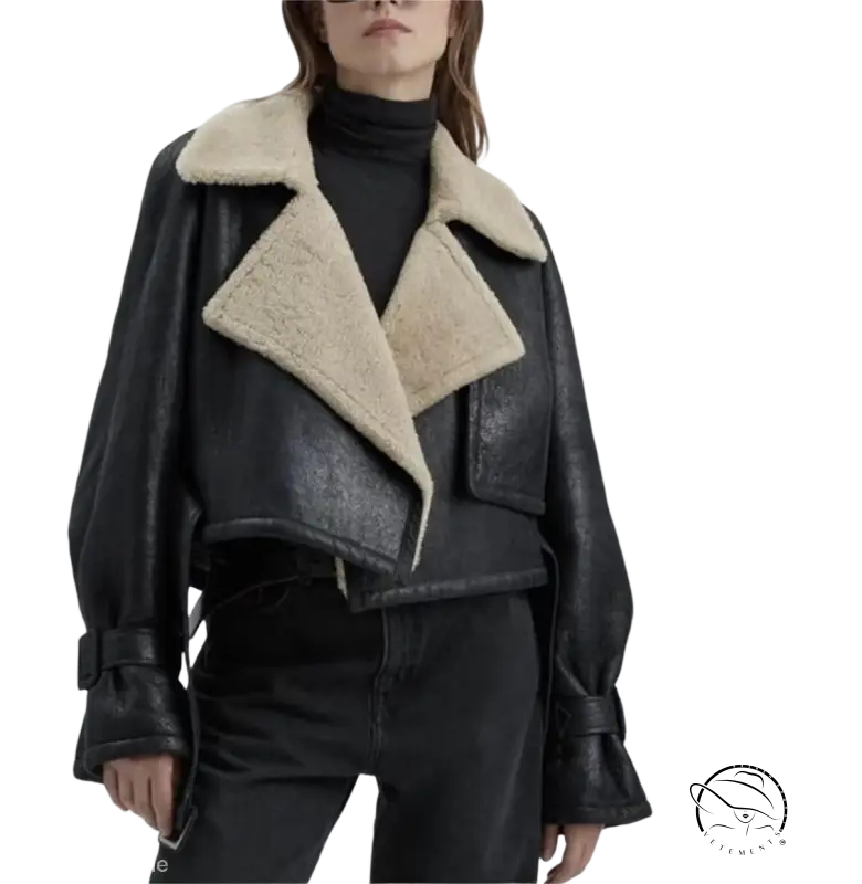 Black faux shearling jacket with cream lining and flared cuffs for winter casual wear