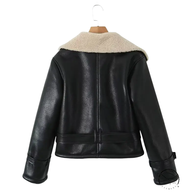 Black faux shearling jacket with beige collar for winter casual wear