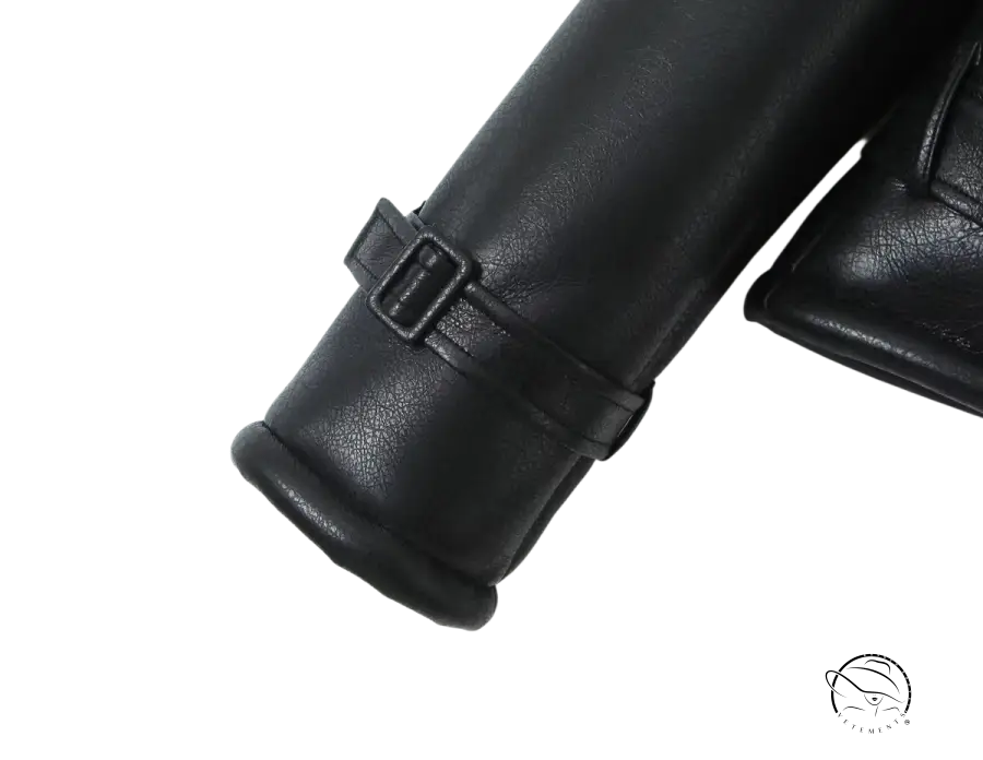 Black leather boot cuff with buckle on faux shearling casual modern jacket