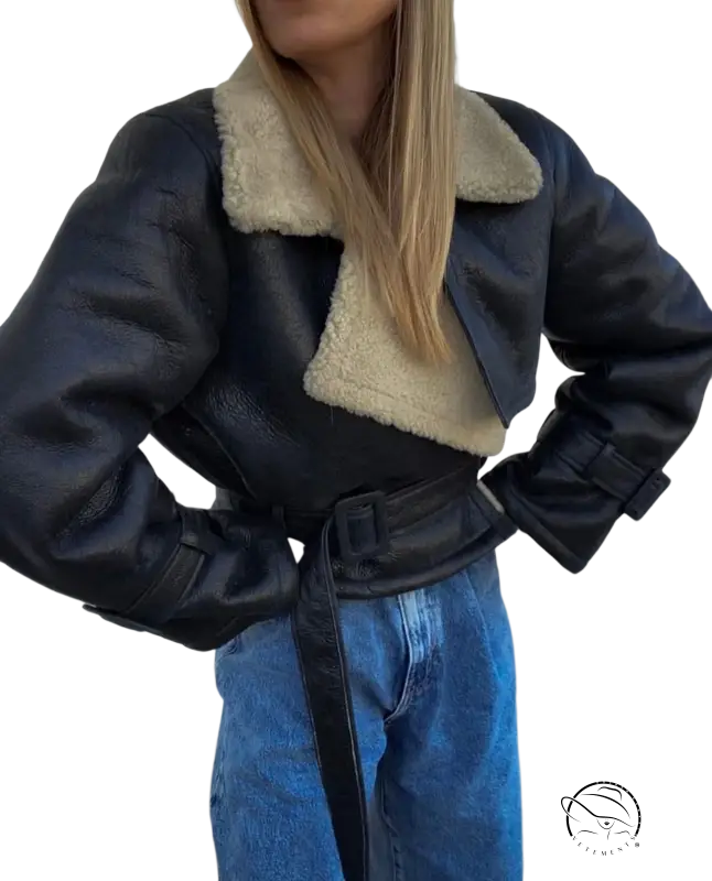 Black faux shearling jacket with cream collar and belt for winter casual wear