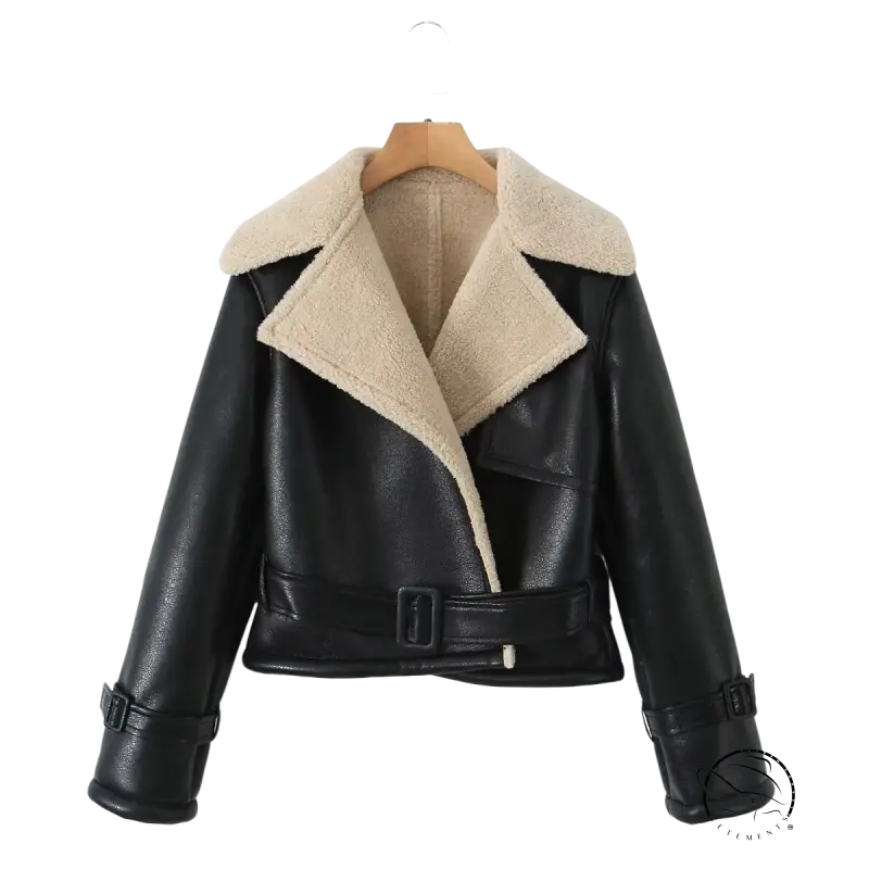 Black faux leather casual modern jacket with faux shearling collar and belt
