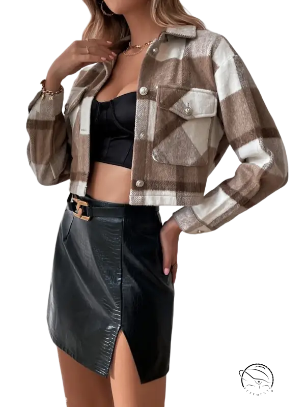 Cropped plaid jacket with fall lapels woolen design in Casual Polyester Shacket collection