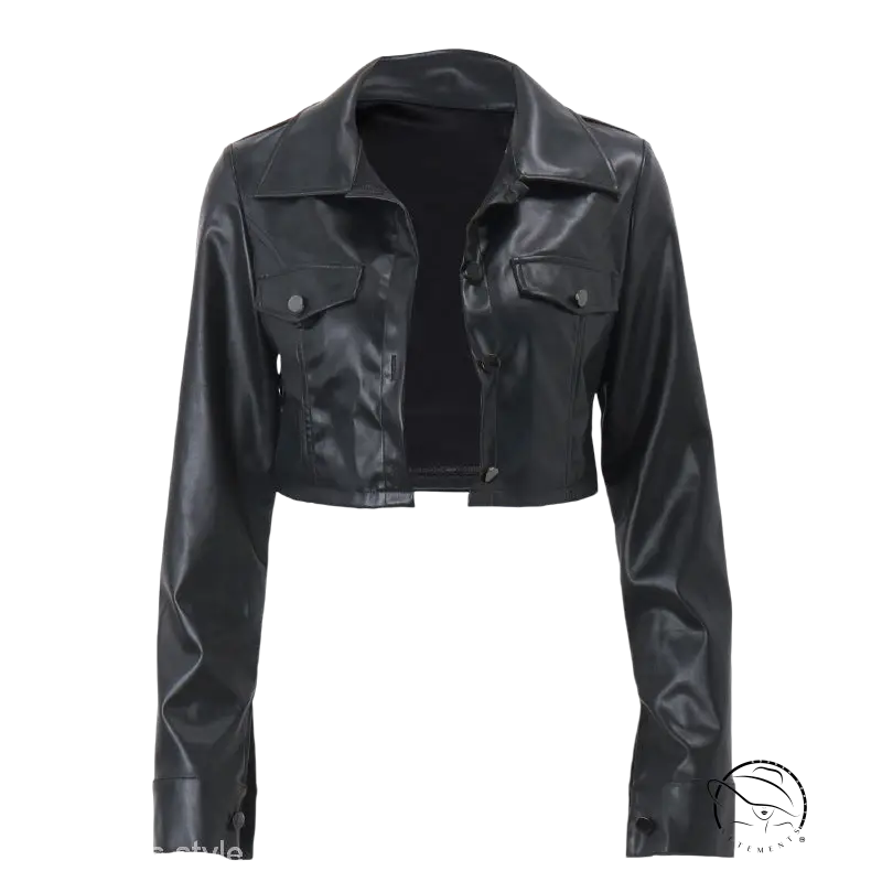 Black cropped leather motorcycle jacket with collar and chest pockets for a stylish look