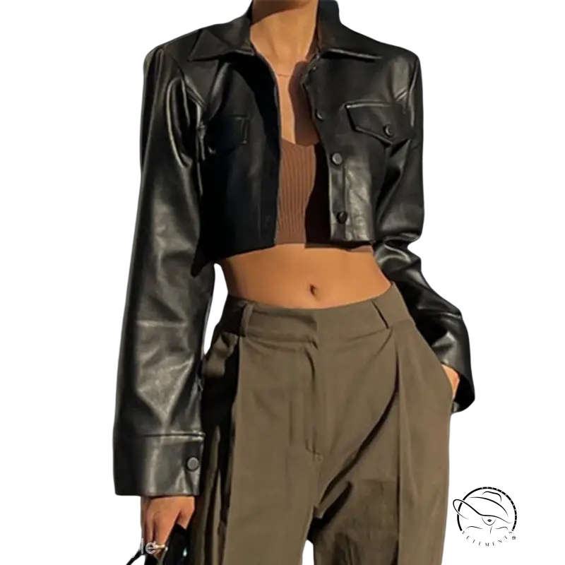 Cropped motorcycle jacket in black leather over brown top with olive trousers for a stylish look