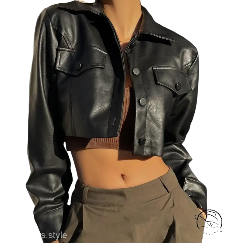 Cropped black leather motorcycle jacket with button closures and chest pockets for a stylish look