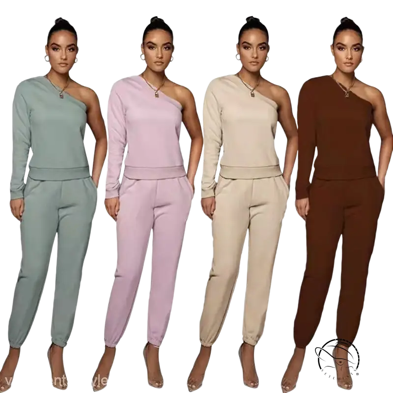 Woman in casual solid off shoulder sweater set with full-length trousers