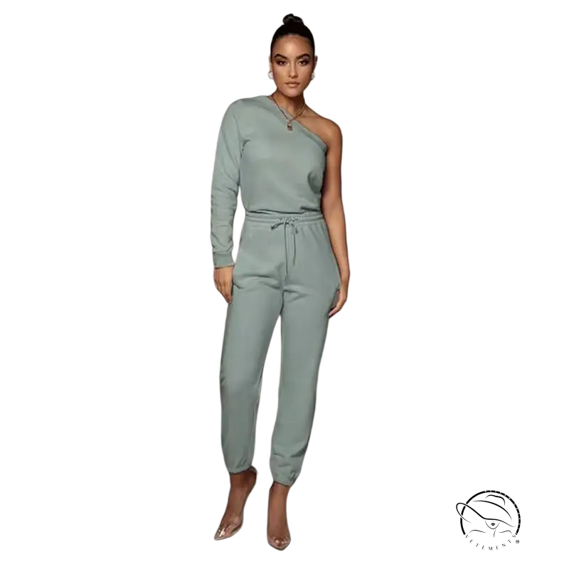 Sage green off-shoulder sweater set with tapered trousers