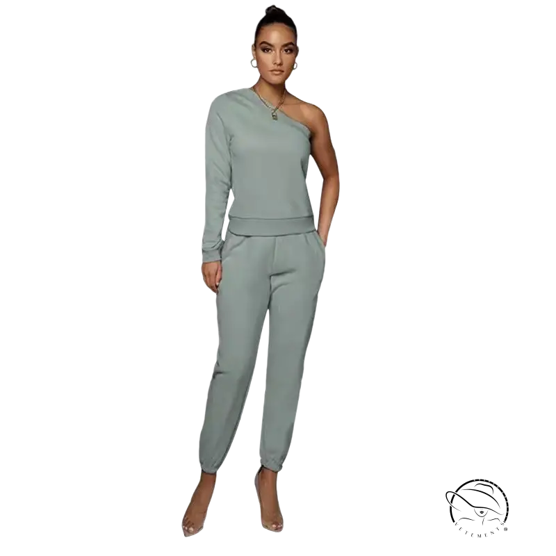 Sage green off-shoulder sweater set with matching jogger pants
