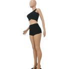 Black two-piece sleeveless casual sports set featuring crop top and high-waisted shorts