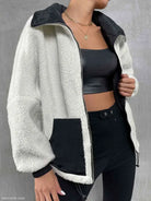 White and black color-blocked urban knitted jacket for autumn winter comfort