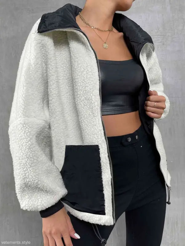 White and black color-blocked urban knitted jacket for autumn winter comfort