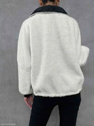 White fleece Urban Knitted Jacket with black collar, view from the back for Autumn Winter