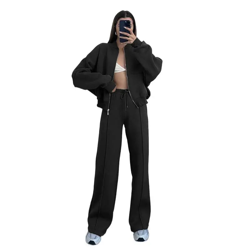 Woman wearing a black Zipper Cardigan Sweater with Casual Straight Pants for Spring/Fall