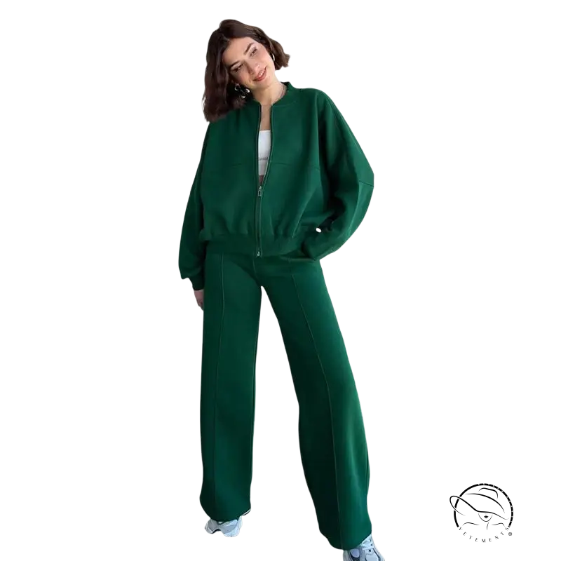 Green zipper cardigan sweater set with casual straight pants