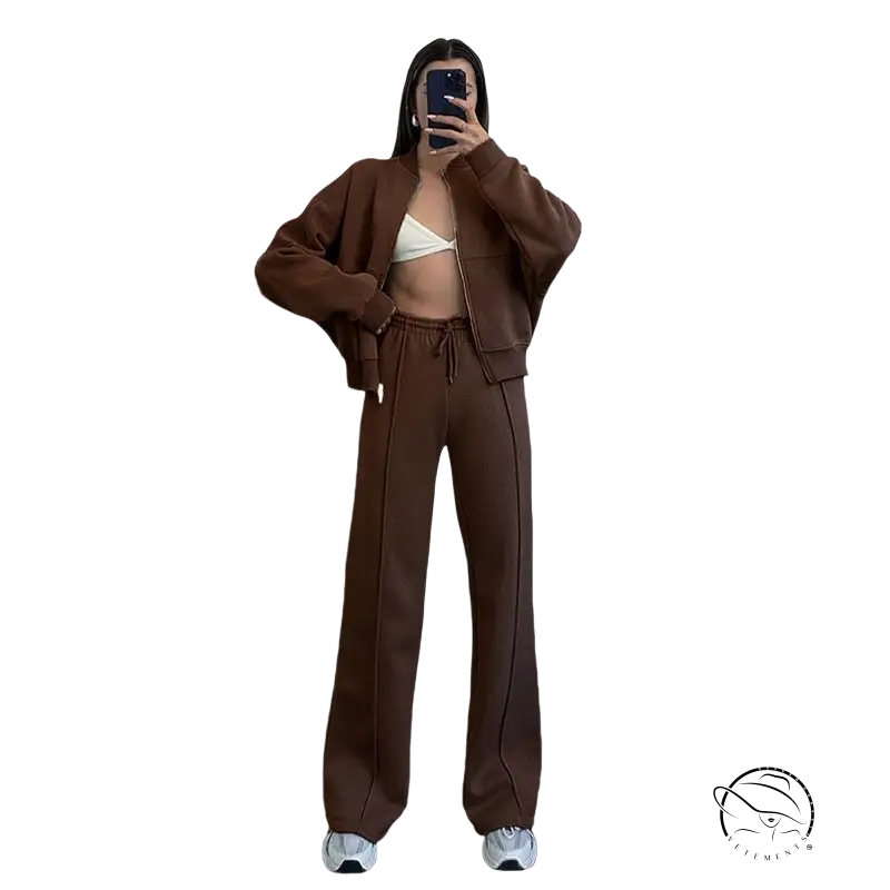 Brown zipper cardigan sweater set with casual straight pants