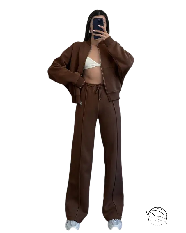 Woman in casual zipper cardigan sweater set with straight pants