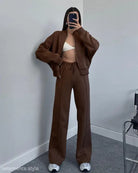 Woman wearing a brown Cardigan Sweater Set with casual straight pants for Spring/Fall