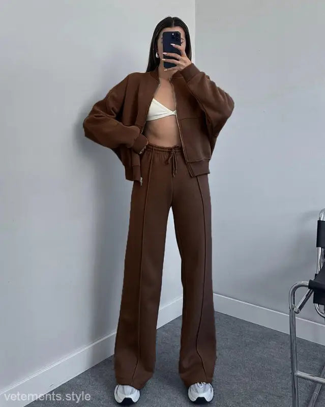 Woman wearing a brown Cardigan Sweater Set with casual straight pants for Spring/Fall